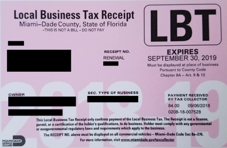 Hialeah Area - Miami Dade County Local Business Tax Receipt 305-300-0364